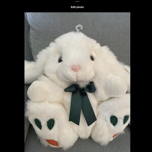 Plush White Bunny with Green Bow - Easter - Good Size NWT